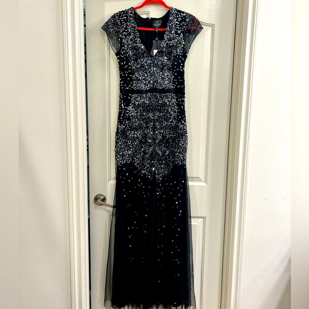 Adrianna Papell Women's Long Beaded V-Neck Dress with Cap Sleeves and Waistband